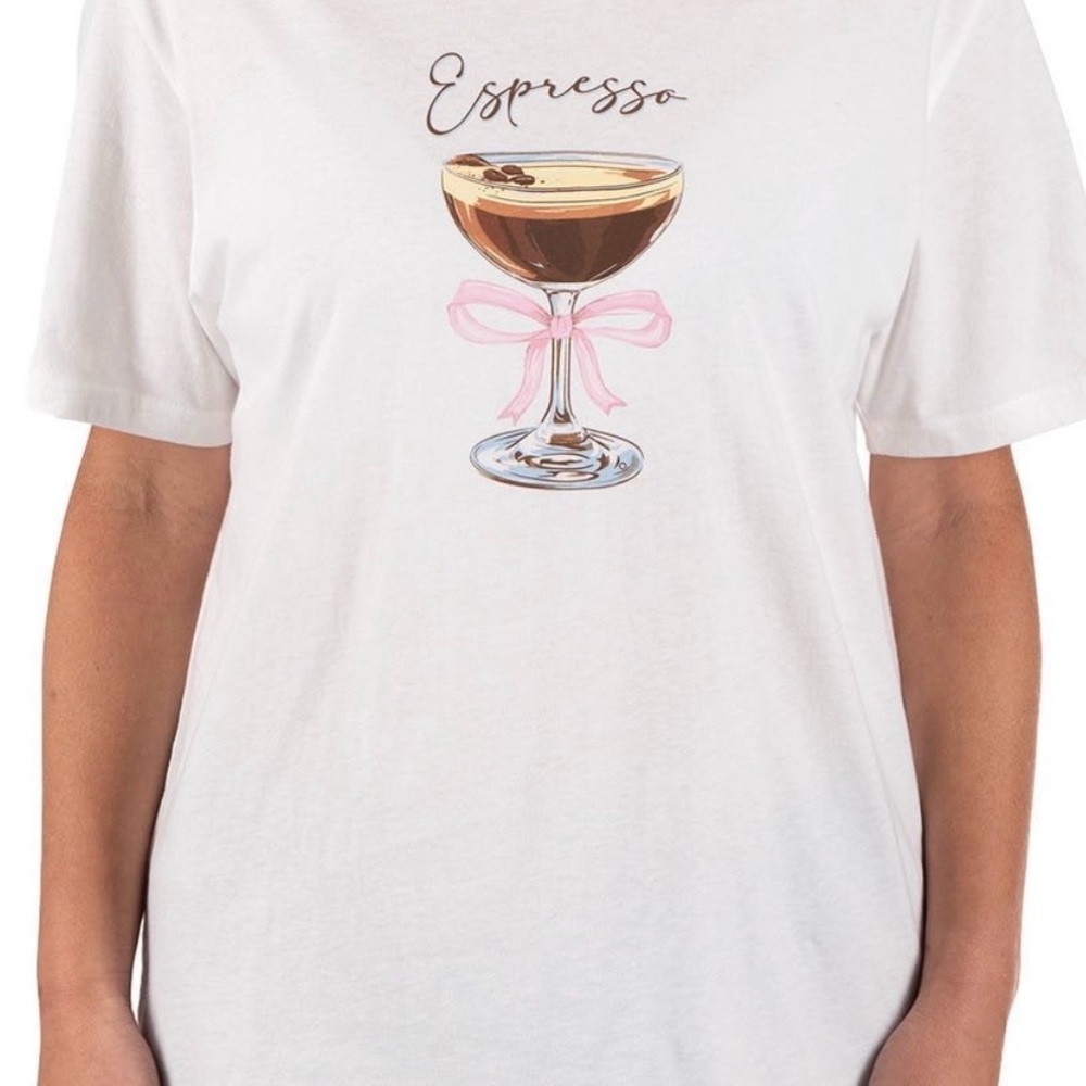 State of Mind White Tee with Espresso Glass Graphic and Pink Bow